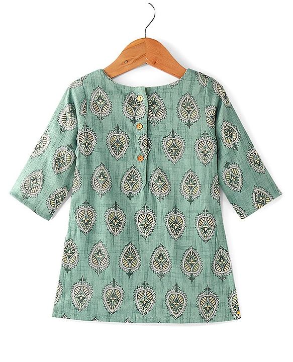 Babyhug Three Fourth Sleeves Rayon Printed Kurta And Pant with Sequenced Dupatta Embroidered Design - Green