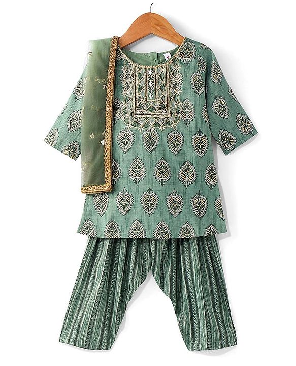 Babyhug Three Fourth Sleeves Rayon Printed Kurta And Pant with Sequenced Dupatta Embroidered Design - Green