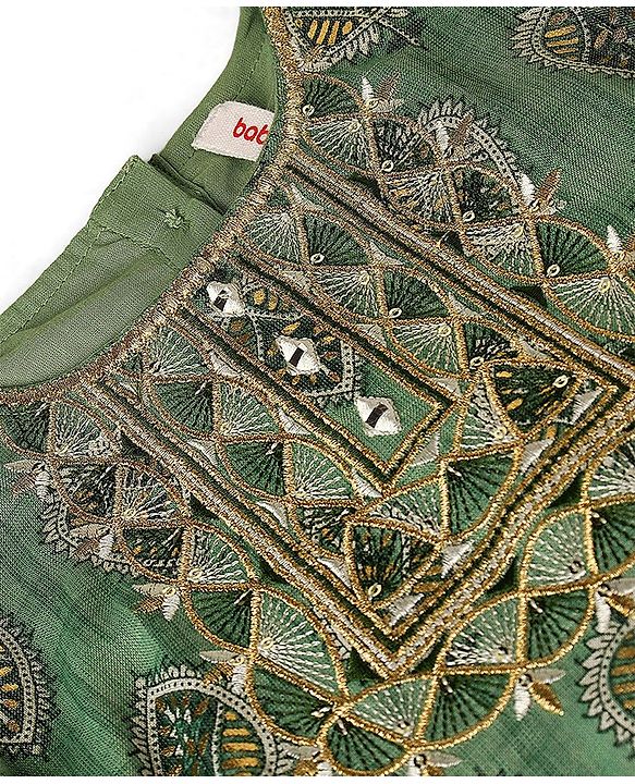 Babyhug Three Fourth Sleeves Rayon Printed Kurta And Pant with Sequenced Dupatta Embroidered Design - Green