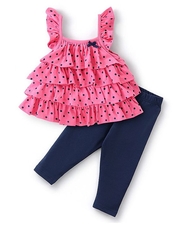 Babyhug 100% Sleeveless Cotton Top & Leggings Set Polka Dot Print- Pink & Navy Blue