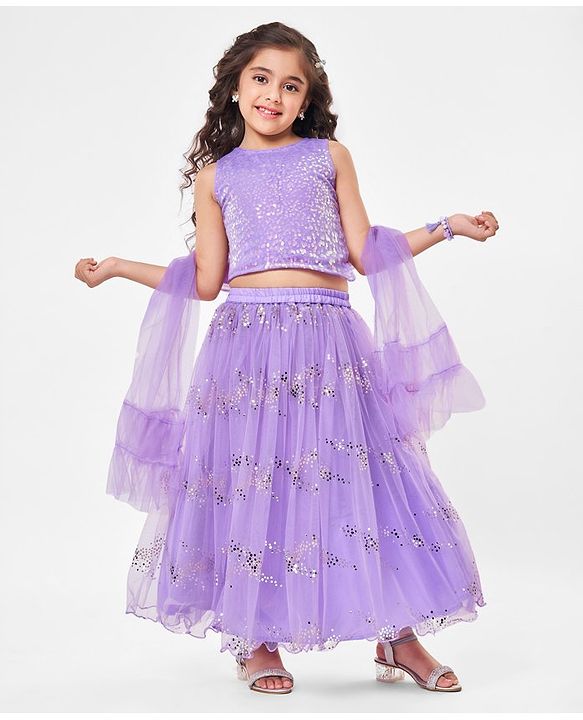 Babyhug Sleeveless Sequined Embroidered Choli with Lehenga and Dupatta  - Lavender