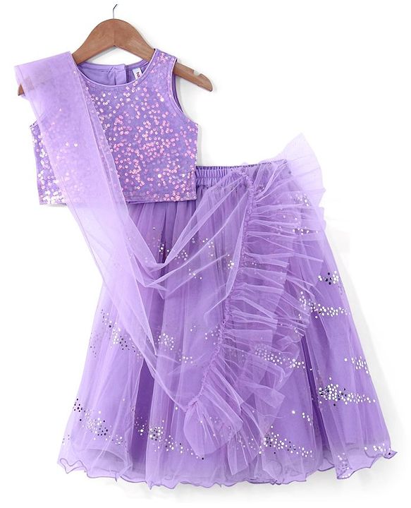 Babyhug Sleeveless Sequined Embroidered Choli with Lehenga and Dupatta  - Lavender