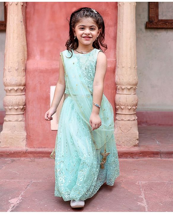 Babyhug Sleeveless Sequenced Embroidered Choli With Lehenga And Dupatta Set- Aqua