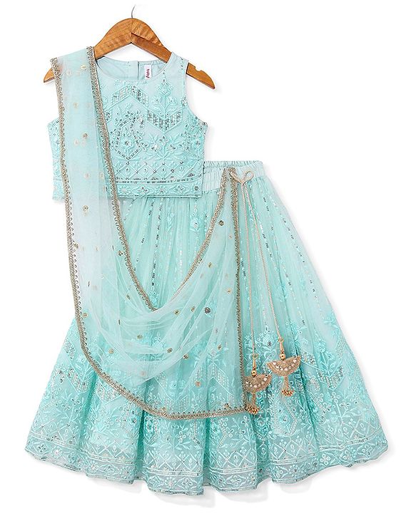 Babyhug Sleeveless Sequenced Embroidered Choli With Lehenga And Dupatta Set- Aqua