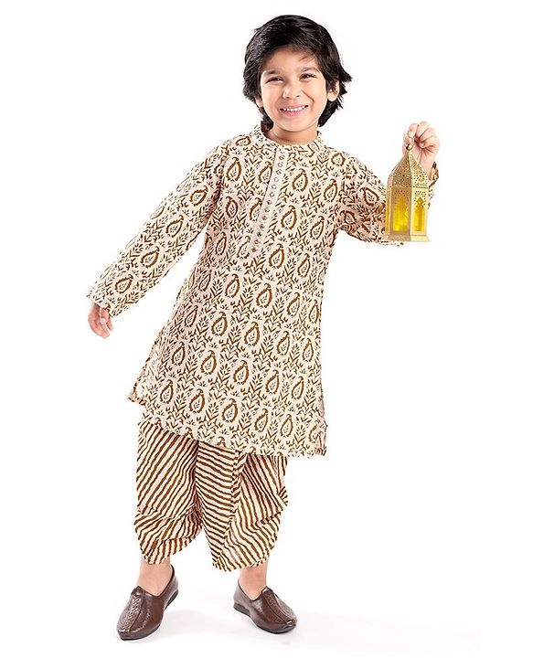 Babyhug 100% Cambric Full Sleeve Printed Dhoti Kurta Set - Beige