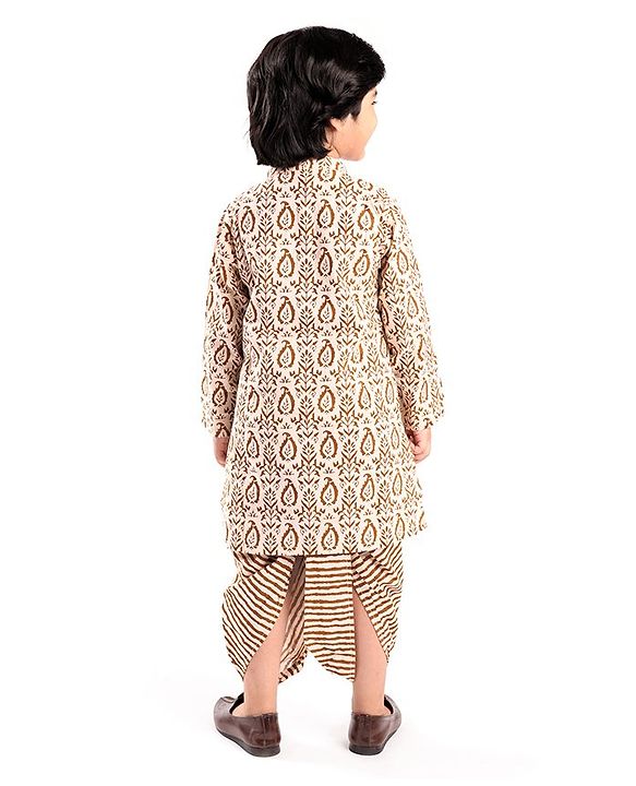 Babyhug 100% Cambric Full Sleeve Printed Dhoti Kurta Set - Beige