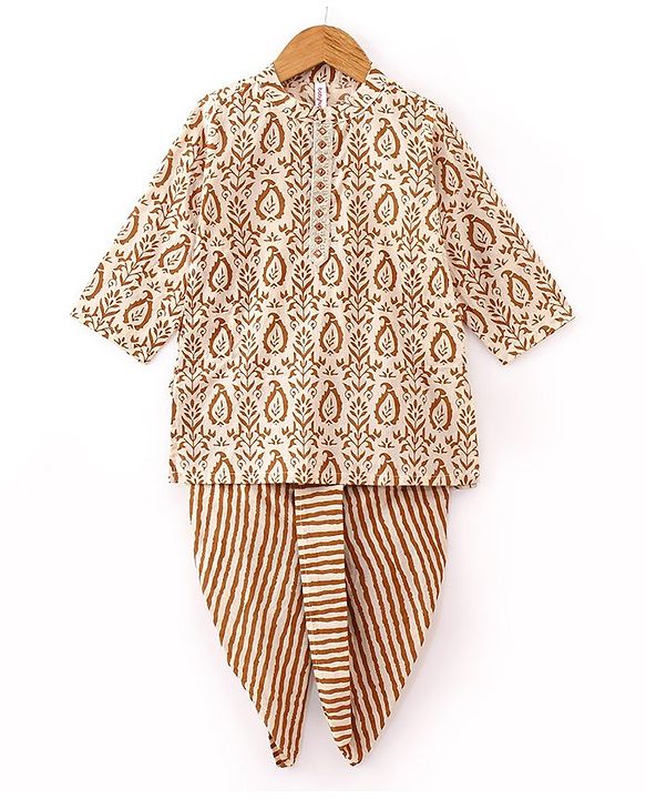 Babyhug 100% Cambric Full Sleeve Printed Dhoti Kurta Set - Beige