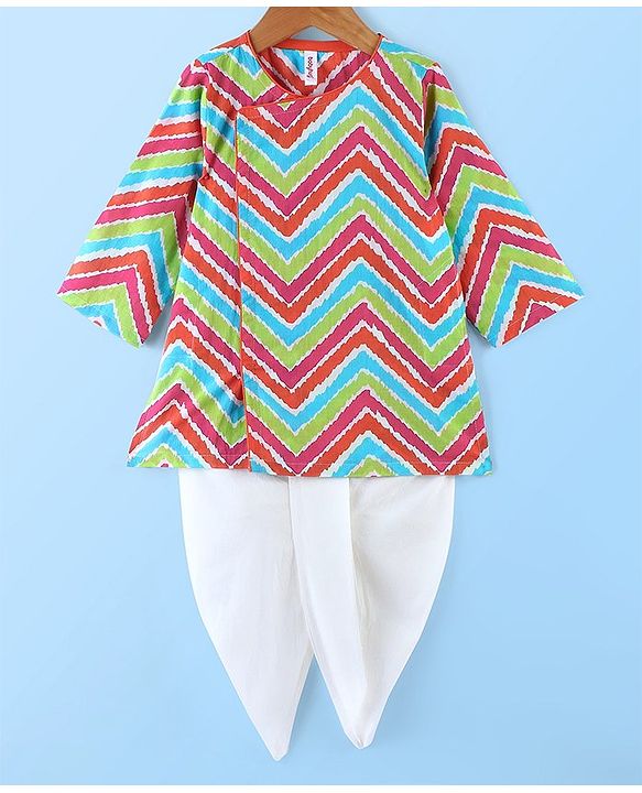 Babyhug 100% Cotton Full Sleeves Angarakha Kurta & Solid Color Dhoti Set With Chevron Print- Blue Green & Pink