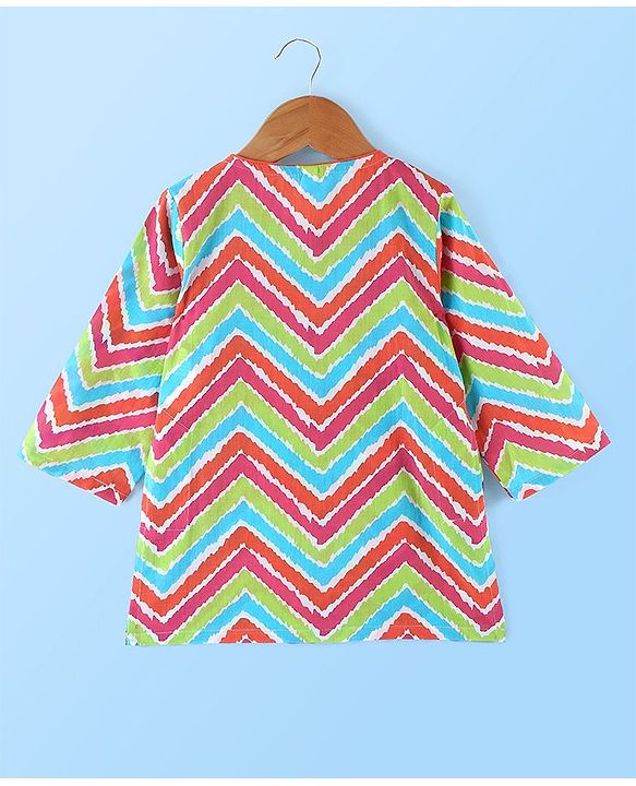 Babyhug 100% Cotton Full Sleeves Angarakha Kurta & Solid Color Dhoti Set With Chevron Print- Blue Green & Pink