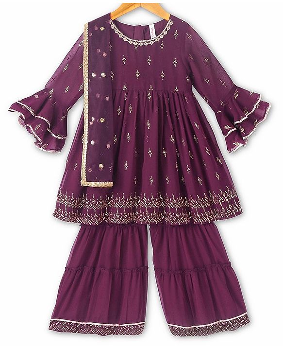 Babyhug Three Fourth Sleeves Rubber Print Kurti With Gharara And Net Dupatta- Purple
