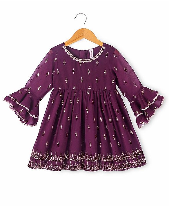 Babyhug Three Fourth Sleeves Rubber Print Kurti With Gharara And Net Dupatta- Purple