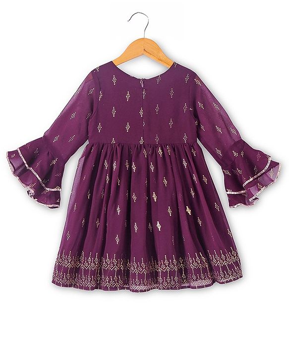 Babyhug Three Fourth Sleeves Rubber Print Kurti With Gharara And Net Dupatta- Purple