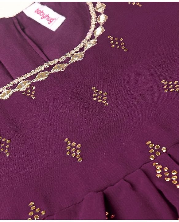 Babyhug Three Fourth Sleeves Rubber Print Kurti With Gharara And Net Dupatta- Purple