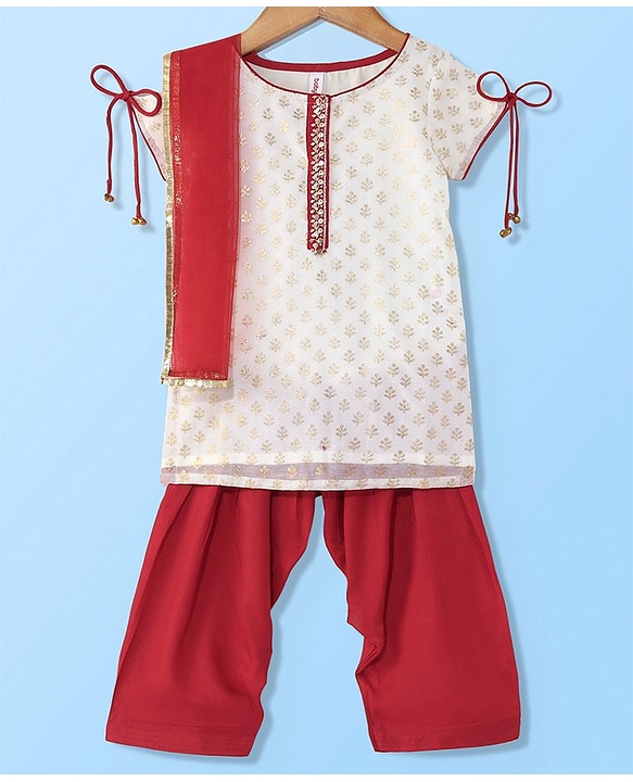 Babyhug Half Sleeves Chanderi Butti Kurti With Salwar & Net Dupatta- Ivory & Red