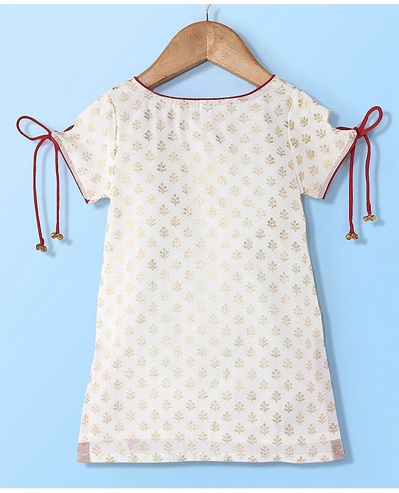 Babyhug Half Sleeves Chanderi Butti Kurti With Salwar & Net Dupatta- Ivory & Red