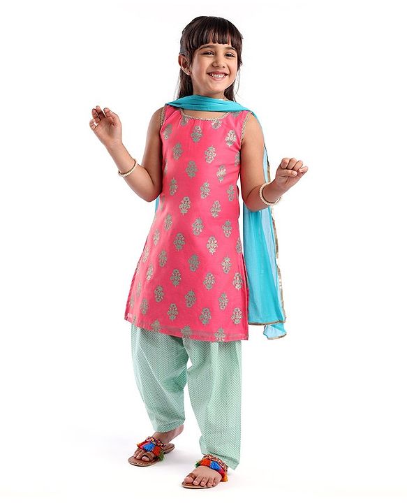 Babyhug Sleeveless 2 Tone Printed Kurti With Salwar & Chiffon Dupatta- Fuschia & Turquoise