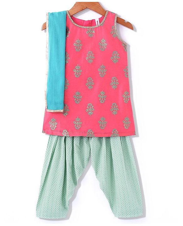 Babyhug Sleeveless 2 Tone Printed Kurti With Salwar & Chiffon Dupatta- Fuschia & Turquoise