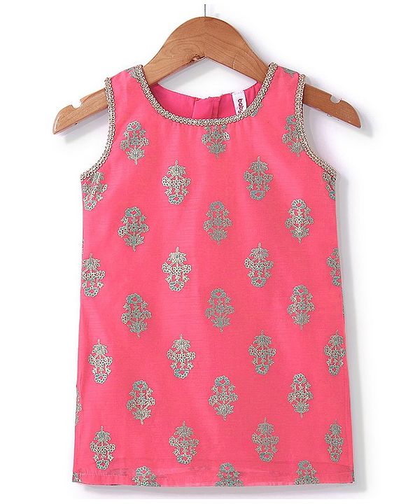 Babyhug Sleeveless 2 Tone Printed Kurti With Salwar & Chiffon Dupatta- Fuschia & Turquoise