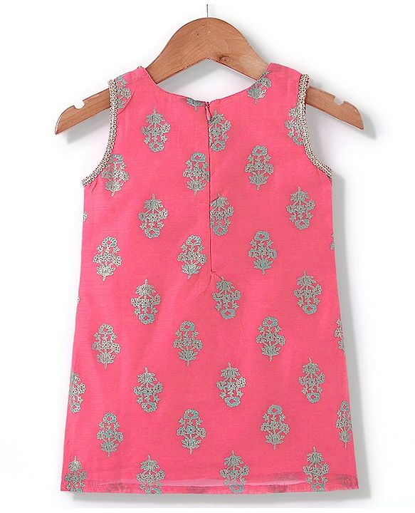 Babyhug Sleeveless 2 Tone Printed Kurti With Salwar & Chiffon Dupatta- Fuschia & Turquoise