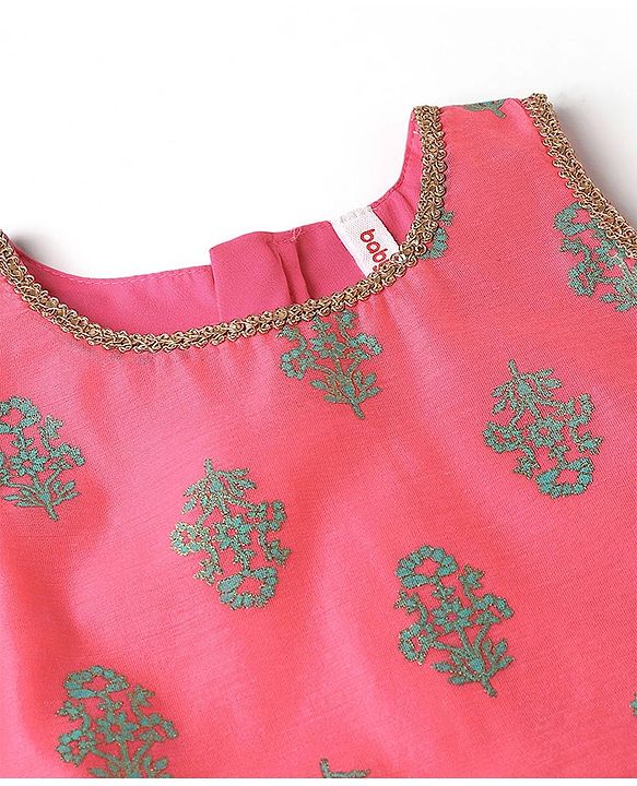 Babyhug Sleeveless 2 Tone Printed Kurti With Salwar & Chiffon Dupatta- Fuschia & Turquoise