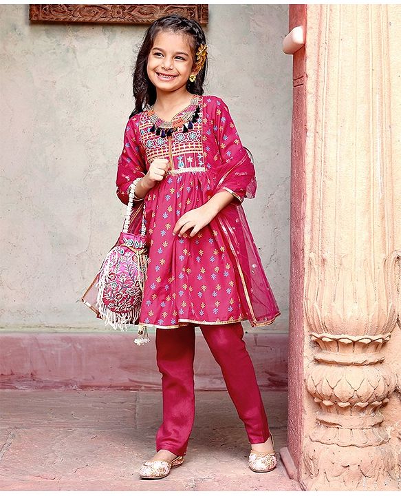 Babyhug Three Fourth Sleeves Printed Kurti With Pant & Net Sequenced Net Dupatta- Red