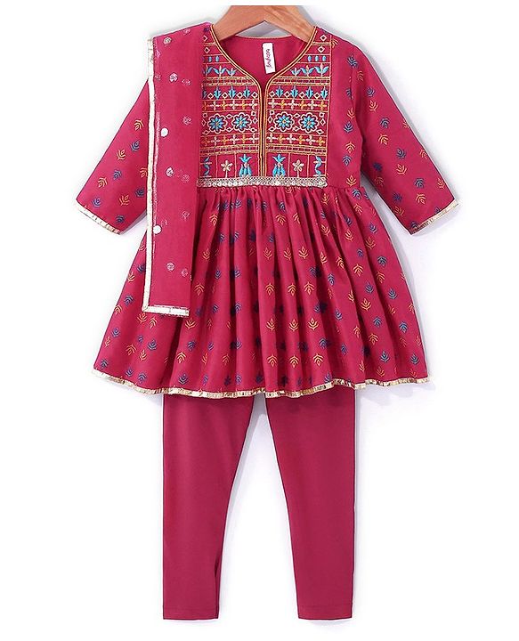 Babyhug Three Fourth Sleeves Printed Kurti With Pant & Net Sequenced Net Dupatta- Red