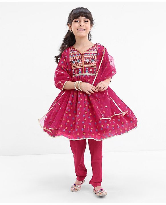 Babyhug Three Fourth Sleeves Printed Kurti With Pant & Net Sequenced Net Dupatta- Red