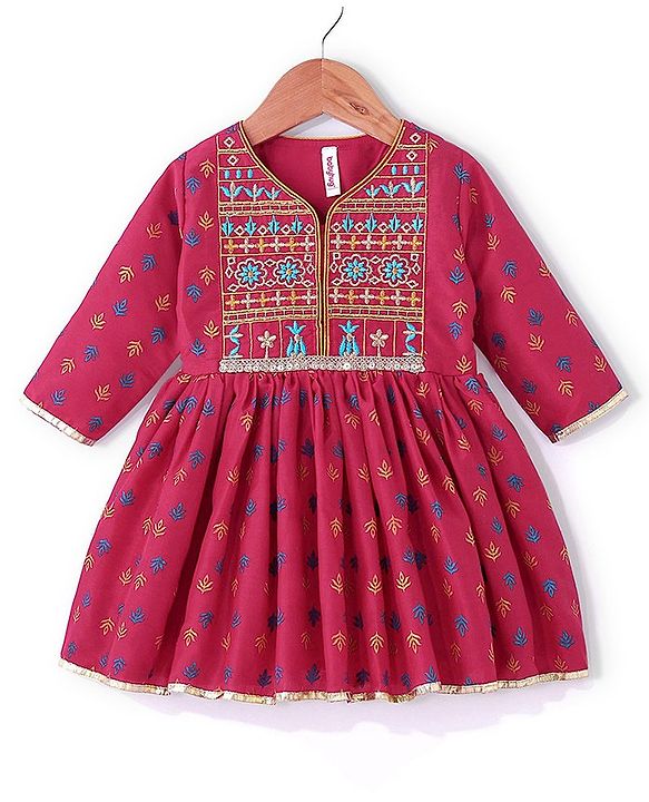 Babyhug Three Fourth Sleeves Printed Kurti With Pant & Net Sequenced Net Dupatta- Red