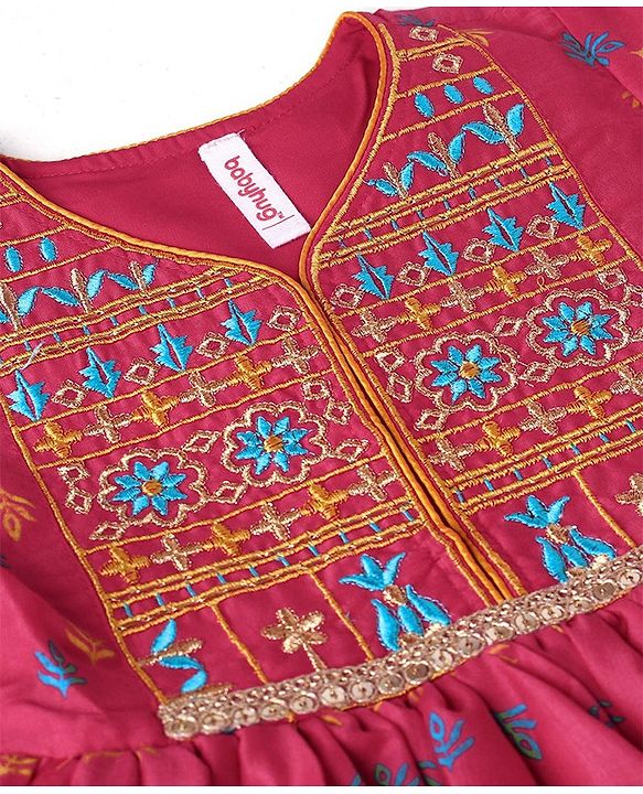 Babyhug Three Fourth Sleeves Printed Kurti With Pant & Net Sequenced Net Dupatta- Red