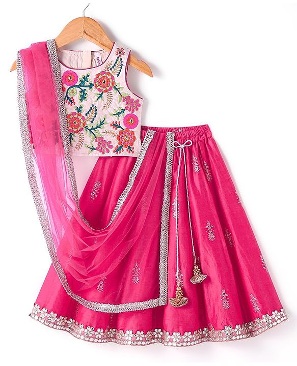 Babyhug Sleeveless Embrodered Choli with Foil Printed Pleated Lehenga and Dupatta - Fuschia