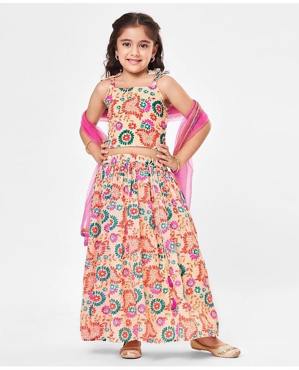 Babyhug Sleeveless Sequenced Choli With Lehenga And Dupatta Floral Print- Pink & Beige