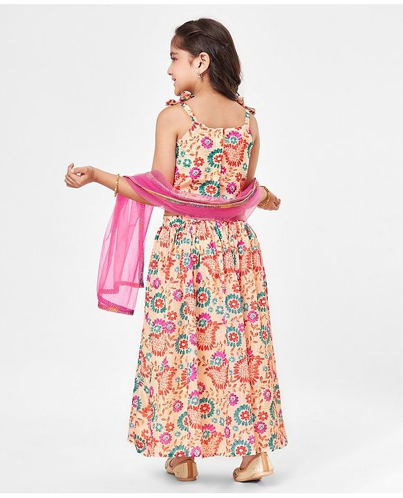Babyhug Sleeveless Sequenced Choli With Lehenga And Dupatta Floral Print- Pink & Beige