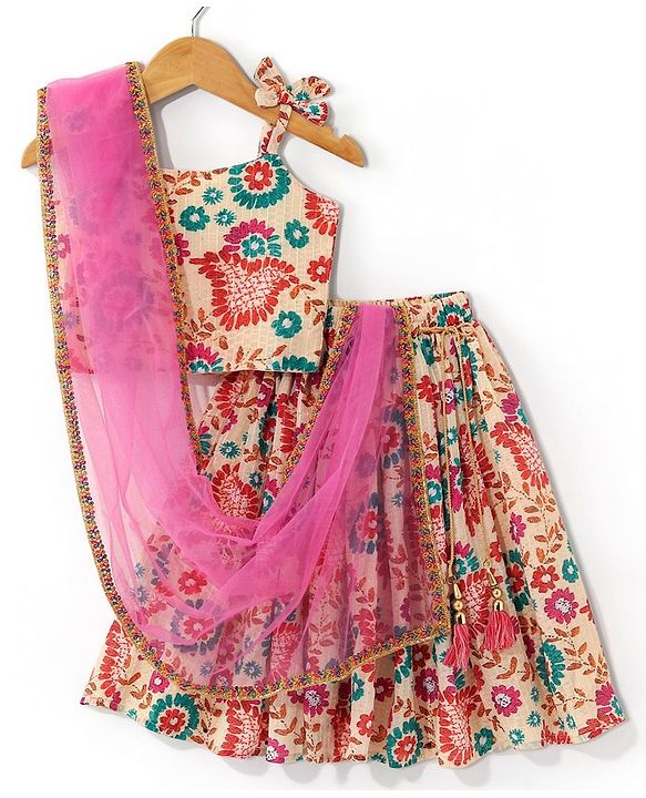 Babyhug Sleeveless Sequenced Choli With Lehenga And Dupatta Floral Print- Pink & Beige