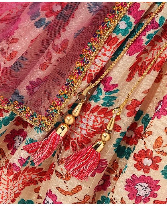 Babyhug Sleeveless Sequenced Choli With Lehenga And Dupatta Floral Print- Pink & Beige