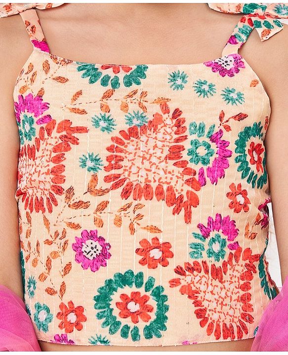 Babyhug Sleeveless Sequenced Choli With Lehenga And Dupatta Floral Print- Pink & Beige