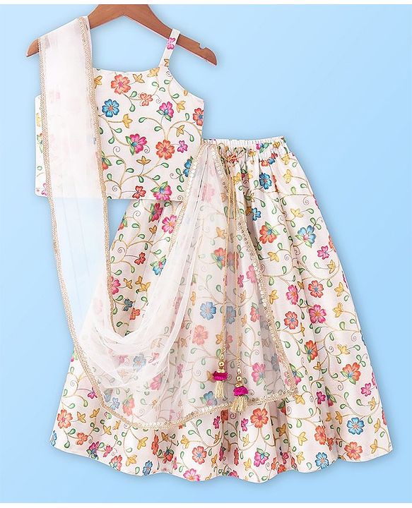Babyhug Sleeveless Floral Printed & Embroidered Choli With Lehenga And Dupatta- White Blue & Pink