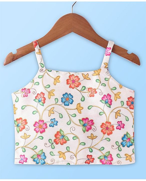 Babyhug Sleeveless Floral Printed & Embroidered Choli With Lehenga And Dupatta- White Blue & Pink