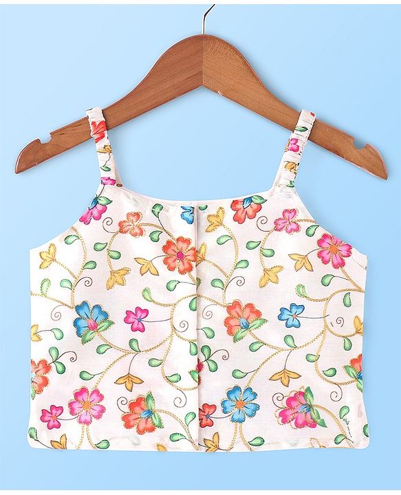 Babyhug Sleeveless Floral Printed & Embroidered Choli With Lehenga And Dupatta- White Blue & Pink