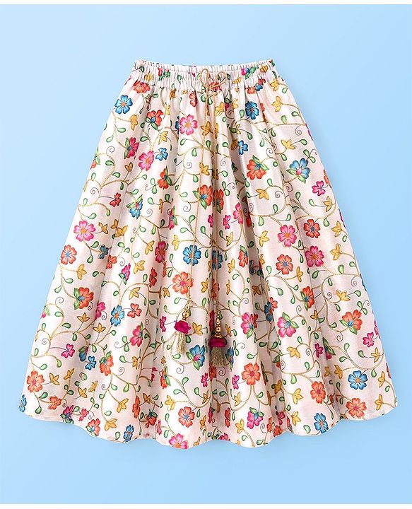 Babyhug Sleeveless Floral Printed & Embroidered Choli With Lehenga And Dupatta- White Blue & Pink