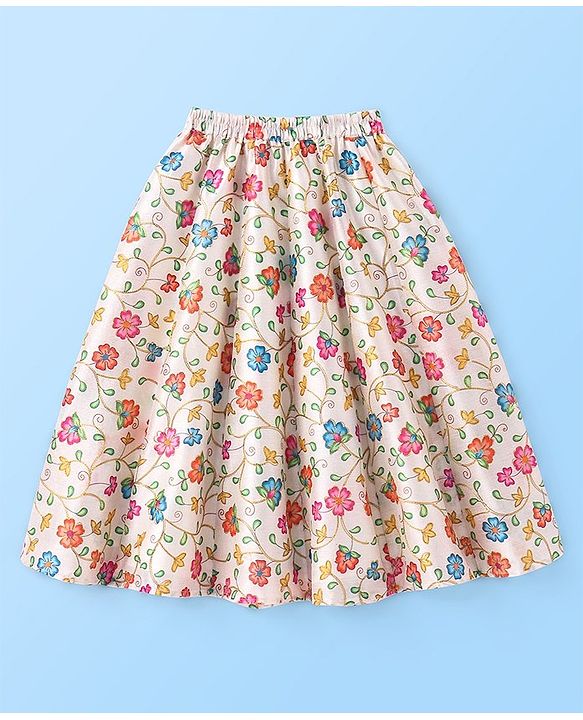 Babyhug Sleeveless Floral Printed & Embroidered Choli With Lehenga And Dupatta- White Blue & Pink