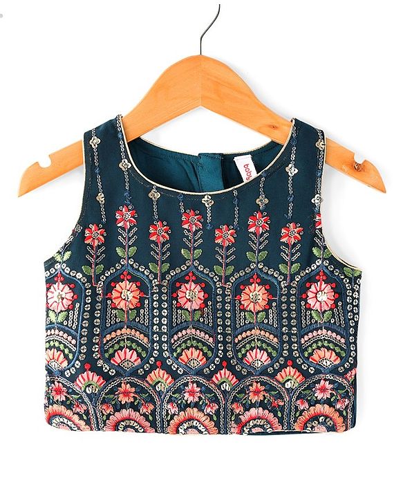 Babyhug Sleeveless Embroidered Choli Lehenga and Dupatta Set - Teal Blue