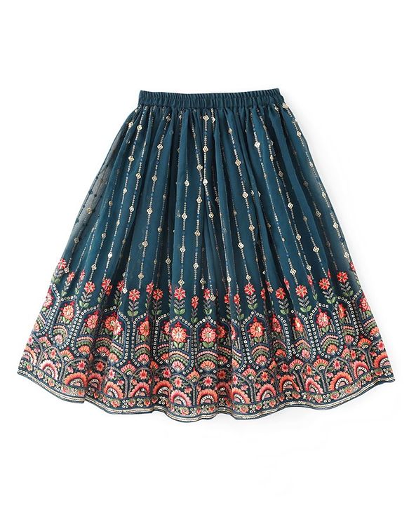 Babyhug Sleeveless Embroidered Choli Lehenga and Dupatta Set - Teal Blue