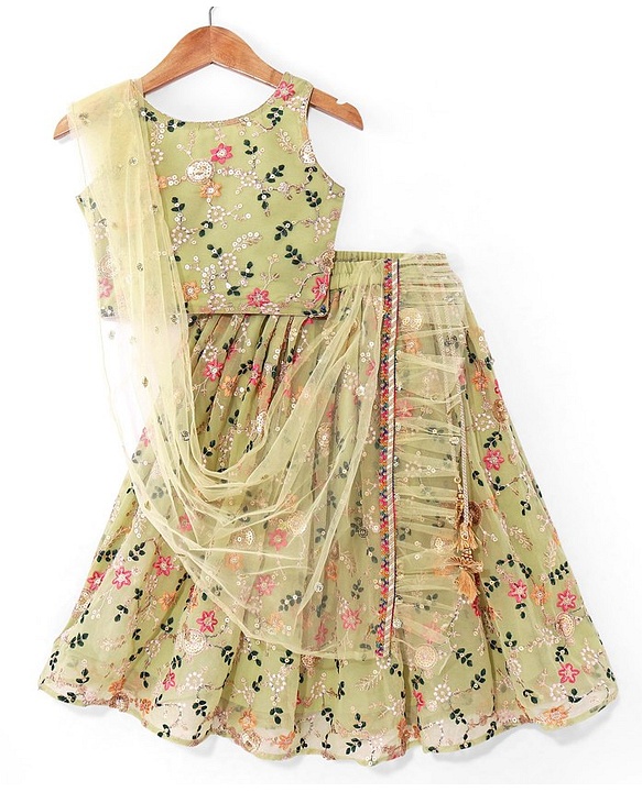 Babyhug Sleeveless Choli with Lehenga and Dupatta Floral Print & Embroidery - Lime