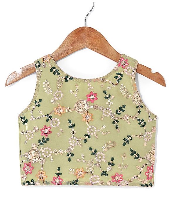 Babyhug Sleeveless Choli with Lehenga and Dupatta Floral Print & Embroidery - Lime