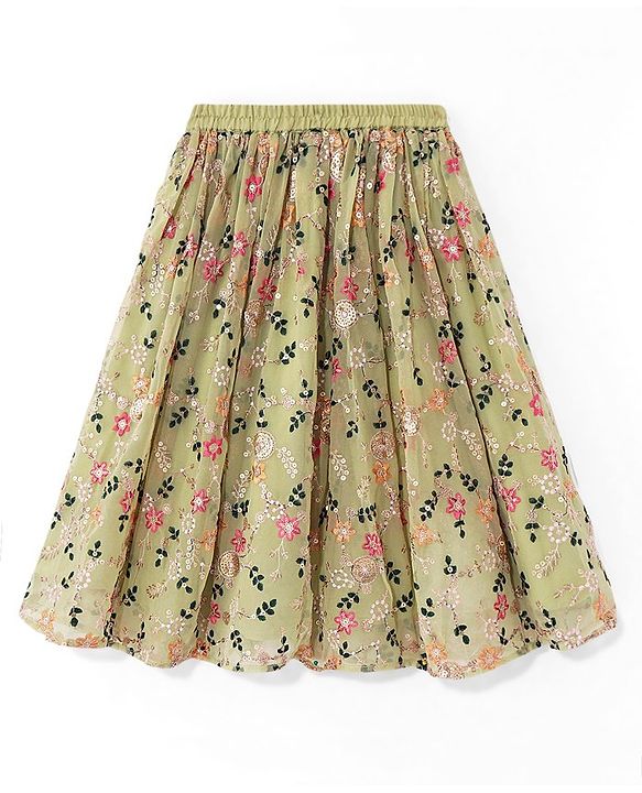 Babyhug Sleeveless Choli with Lehenga and Dupatta Floral Print & Embroidery - Lime