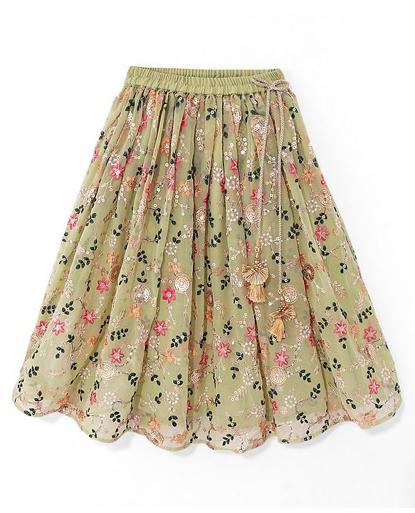 Babyhug Sleeveless Choli with Lehenga and Dupatta Floral Print & Embroidery - Lime