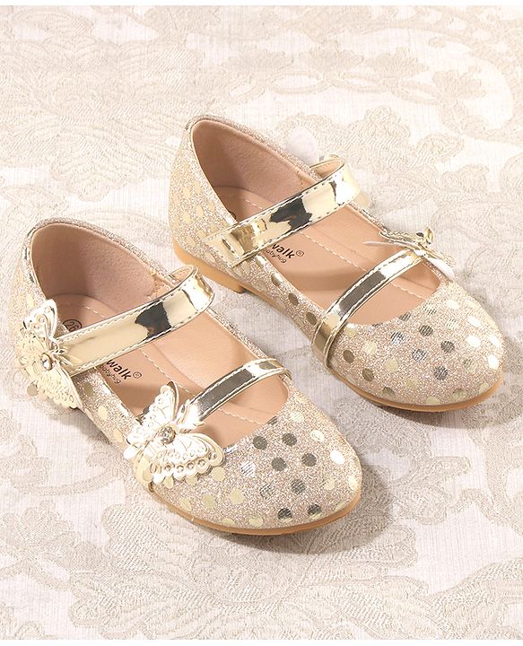 Cute Walk by Babyhug Front Strap Closure Bellies with Butterfly Applique and Foil Work - Golden