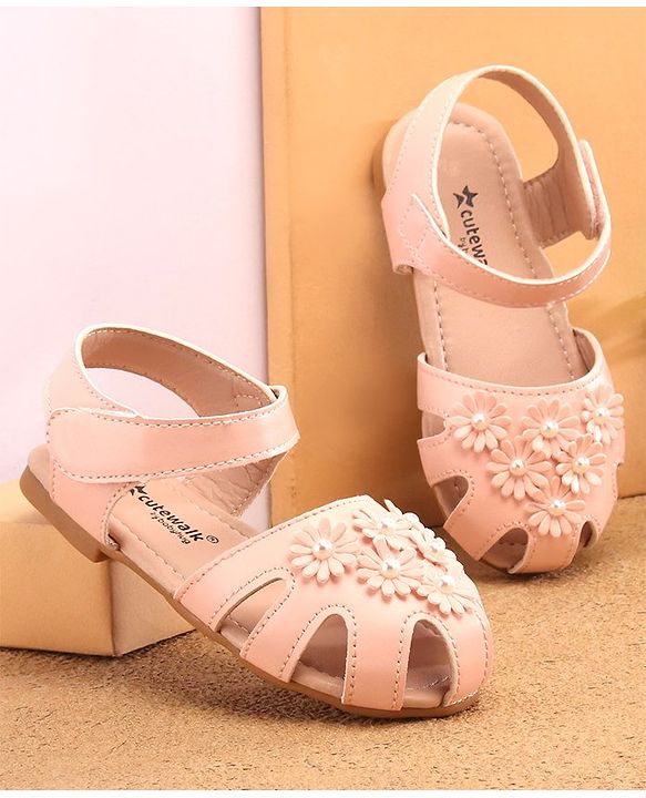 Cute Walk by Babyhug Velcro Closure Peep Toes with Floral Applique - Pink