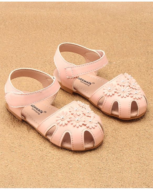 Cute Walk by Babyhug Velcro Closure Peep Toes with Floral Applique - Pink