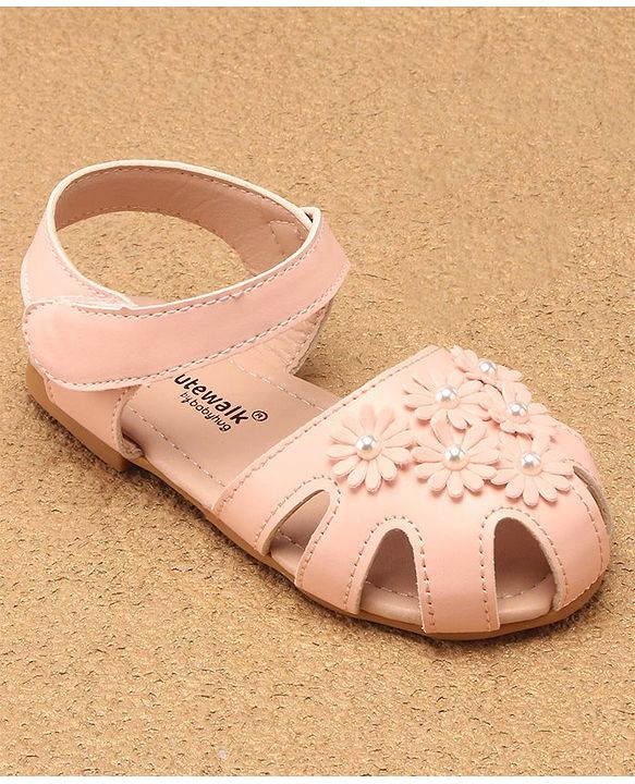 Cute Walk by Babyhug Velcro Closure Peep Toes with Floral Applique - Pink